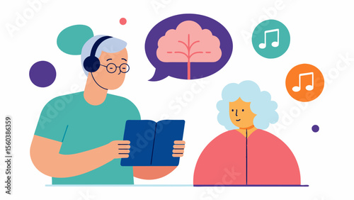A caregiver learning how to use music and other forms of therapy to engage and stimulate the brain of a patient with Alzheimers disease.. Vector illustration