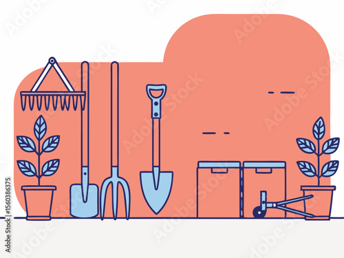 Gardening tools and plants on a white background illustration in modern style