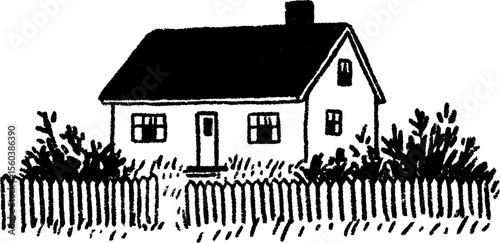 Charming farmhouse with chimney and fenced yard sketch