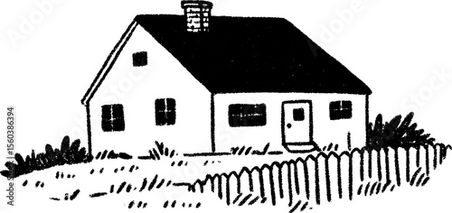 Charming farmhouse with chimney and fenced yard sketch for rustic design