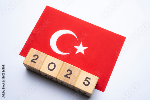Fototapeta Naklejka Na Ścianę i Meble -  2025, Türkiyea flag with date block, Concept, Important events for Türkiye the new year, election, economy, social activities, central bank, Türkiye foreign policy
