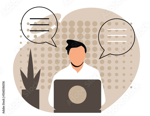 Support Team Worker with Laptop Serving Customers. People and work and customer support online vector art