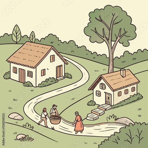 Hand-drawn depiction of a quaint rural village with houses and people in nature.