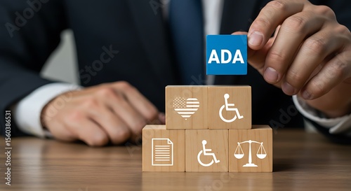 Person in Suit Placing A D A Cube on Stack of Wooden Blocks with Disability Accessibility Symbols American Flag