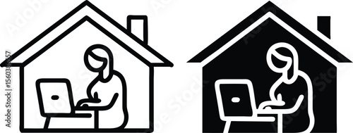 Woman Remote Work Icon – Home Office Symbol for Online Job, Freelance, and Telecommuting