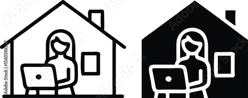 Woman Working from Home Icon – Remote Work Symbol for Online Job, Freelancer, and Telecommute