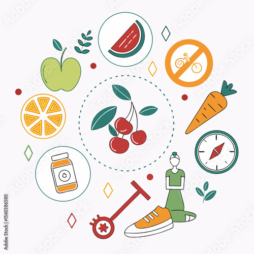 Healthy lifestyle elements arranged in circular composition on a white background
