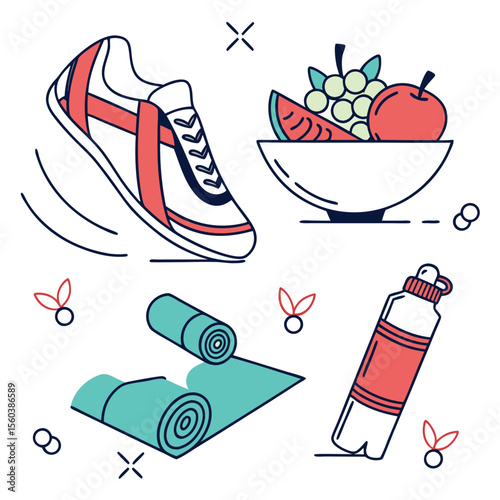 Healthy lifestyle icons with fitness elements fruits and sport equipment on white background
