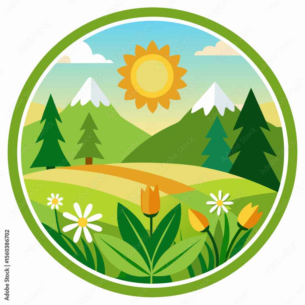 Obraz premium Round Realistic spring green grass field with flowers isolated border on transparent background