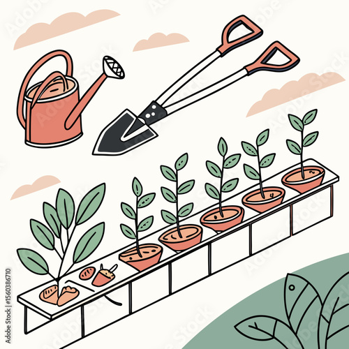 Illustration of gardening tools and plants depicting growth and cultivation concepts