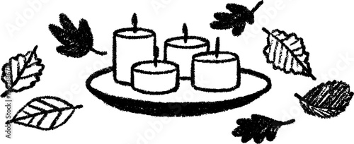Festive candle table centerpiece sketch with autumn leaves design