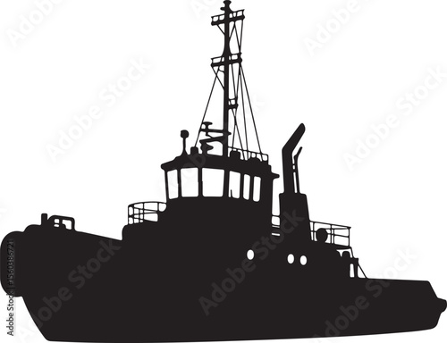 A detailed black silhouette of a powerful tugboat on a white background