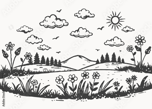 Nature background with grass border and summer flowers, coloring pages Isolated on white background
