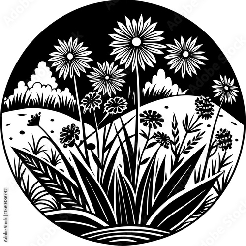 Round summer meadow plants and insects. Green grass, colorful wild flowers, bumblebees and butterflies on white background