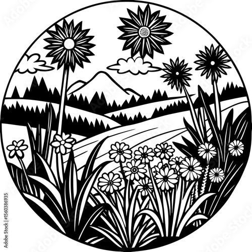 Round summer meadow plants and insects. Green grass, colorful wild flowers, bumblebees and butterflies on white background