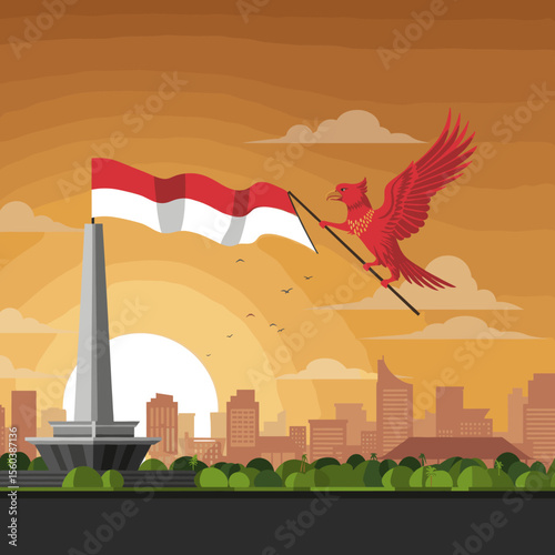 This vector image depicts the iconic Monas (National Monument) in Jakarta with a red bird soaring above, carrying the Indonesian flag.