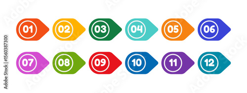 Set of multicolored bullet point markers with numbers from one to twelve. Colorful geometric simple shapes. Vector flat icons isolated on white background