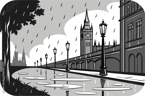 Cityscape scene featuring big ben and puddles reflecting street lamps during a rain shower in grayscale tone