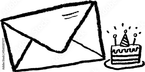 Hand drawn sketch of party invitation with envelope and birthday cake