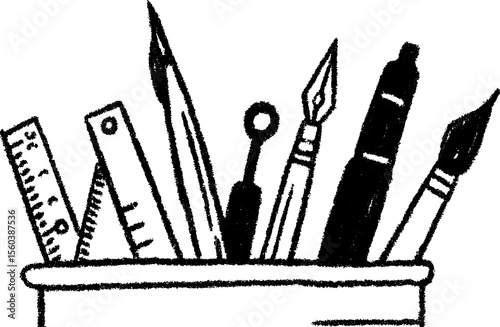 Architectural tool frame sketch with rulers, pens, and brushes