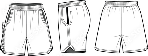 CAD drawing flat vector illustration of athletic shorts, front side back views, drawstring waistband, panel design, fashion sketch layout, technical apparel mockup, sportswear template
