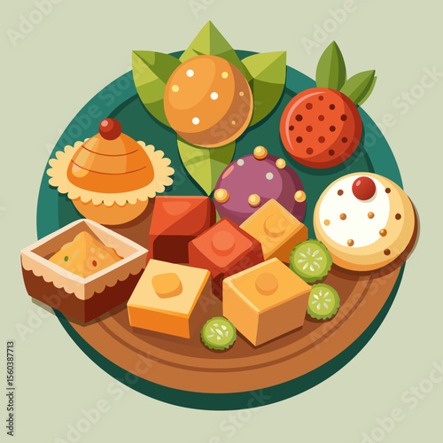 Colorful Indian Sweets Assortment: Halwa, Laddu, and More on a Decorative Plate