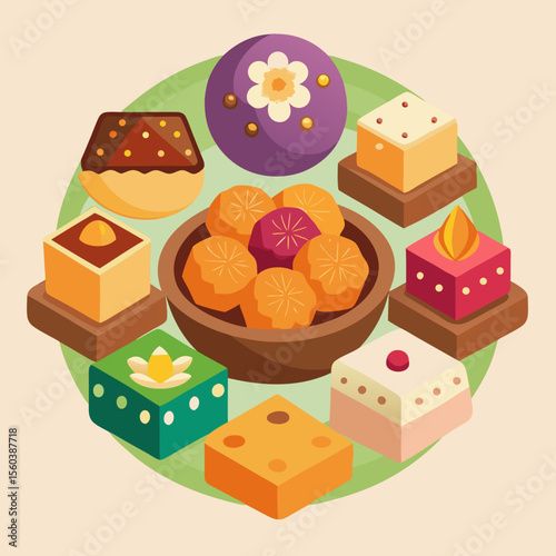 Delicious Assortment of Colorful and Artistic Thai Desserts in a Bowl and Platforms