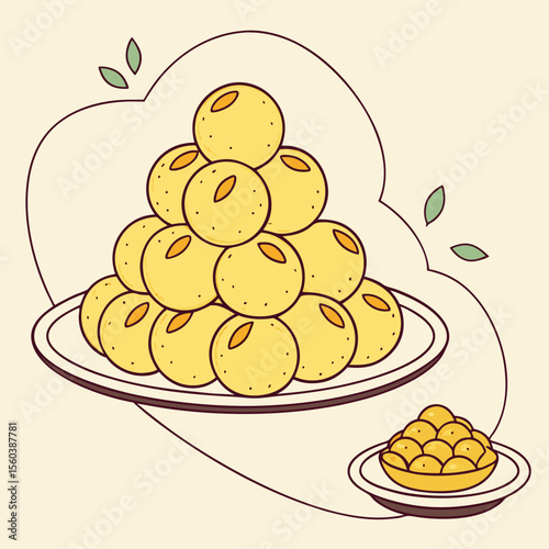 Cartoon Illustration of Indian Sweets: Besan Ladoo Pyramid on Plates, Festive Food