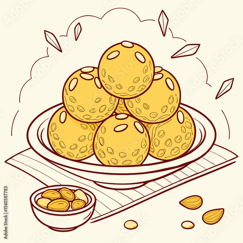 Delicious Motichoor Ladoo Illustration: A Traditional Indian Sweet Dessert on Plate, Almonds
