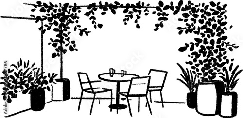 Charming garden cafe with vines and patio chairs sketch for relaxing outdoor decor