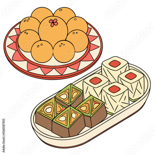 Indian Sweets Illustration: Laddu, Baklava, and Milk Cake on Decorative Plates