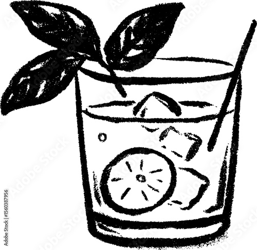 Hand-drawn refreshing glass of lemonade with ice and mint leaves