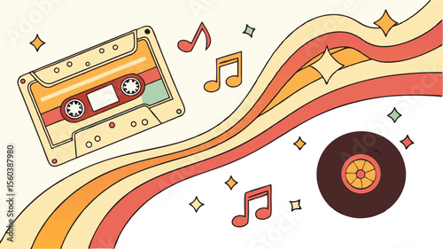 Illustration of a cassette tape, vinyl record, music notes and retro stripes on a cream colored background