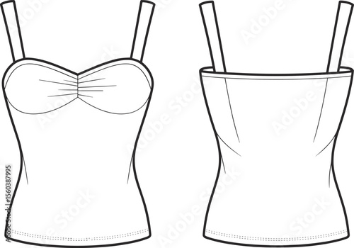 CAD drawing flat vector illustration of sleeveless top, gathered bust detail, fitted design, front and back views, fashion sketch, garment template, stylish clothing concept