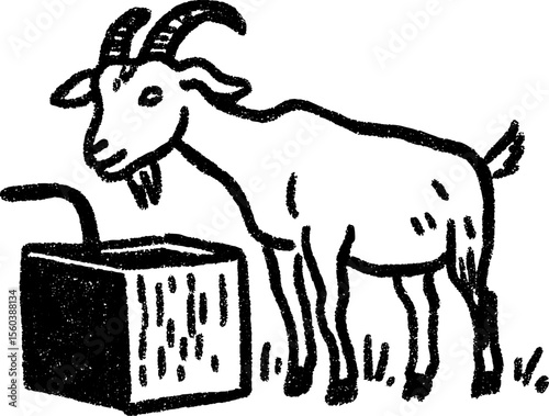 Rustic farm goat near feeding trough sketch for rustic design