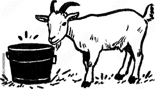 Goat near feeding trough sketch with rustic charm for farmhouse decor