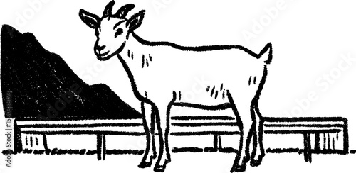 Hand drawn sketch of a goat standing near a feeding trough