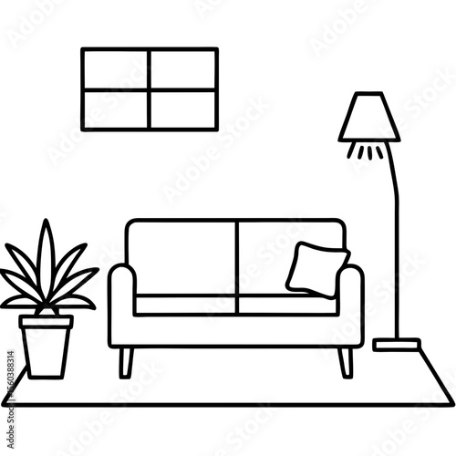 Flat design of a living room with a sofa, coffee table, floor lamp, rug, and indoor plants. Soft neutral colors