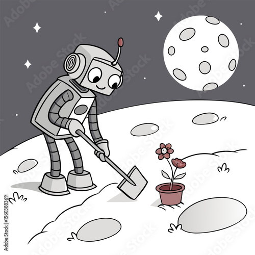 Robot planting a flower on the moon with craters and stars in the background and a shovel in its hands