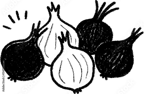 Hand drawn sketch of onions with dried stems - rustic vegetable art for kitchen decor