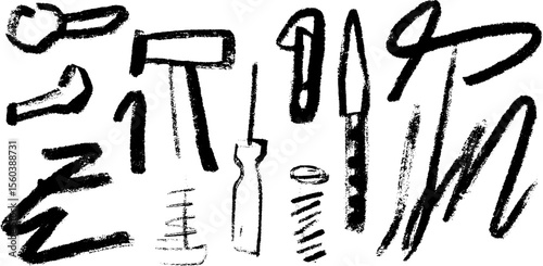 Hand drawn sketch of hammer, wrench, and screwdriver for diy projects
