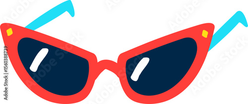 Retro Cat-Eye Sunglasses Illustration with Red Frame and Blue Arms