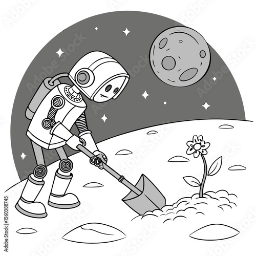 Illustration of a robot planting a flower on the moon with stars and a moon in the background view scene