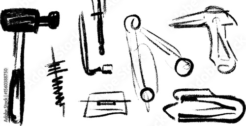 Hand drawn tools: hammer, wrench, and screwdriver sketch design for crafts and diy projects