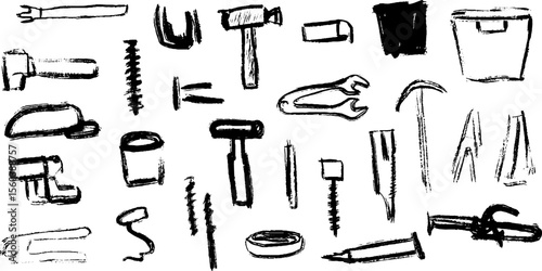 Hand-drawn tool sketches featuring hammer, wrench, and screwdriver for artistic design