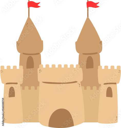 Cartoon Sandcastle Illustration with Red Flags for Fun Beach Play