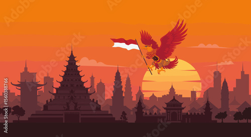 This vector image illustrates a vibrant sunset with the red bird soaring above a majestic temple complex, with the Indonesian flag flying proudly.