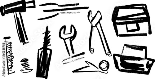 Hand drawn tools collection with hammer, wrench, screwdriver, pliers, saw, crate