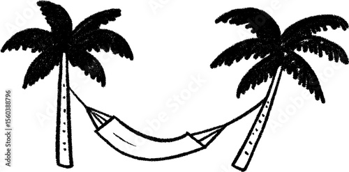 Tropical relaxation: hammock tied between palm trees, black and white sketch design