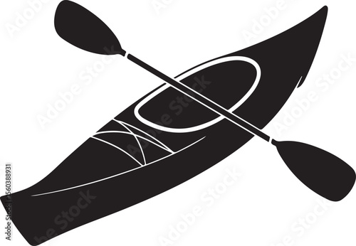 Black silhouette of a kayak and paddle on a white background